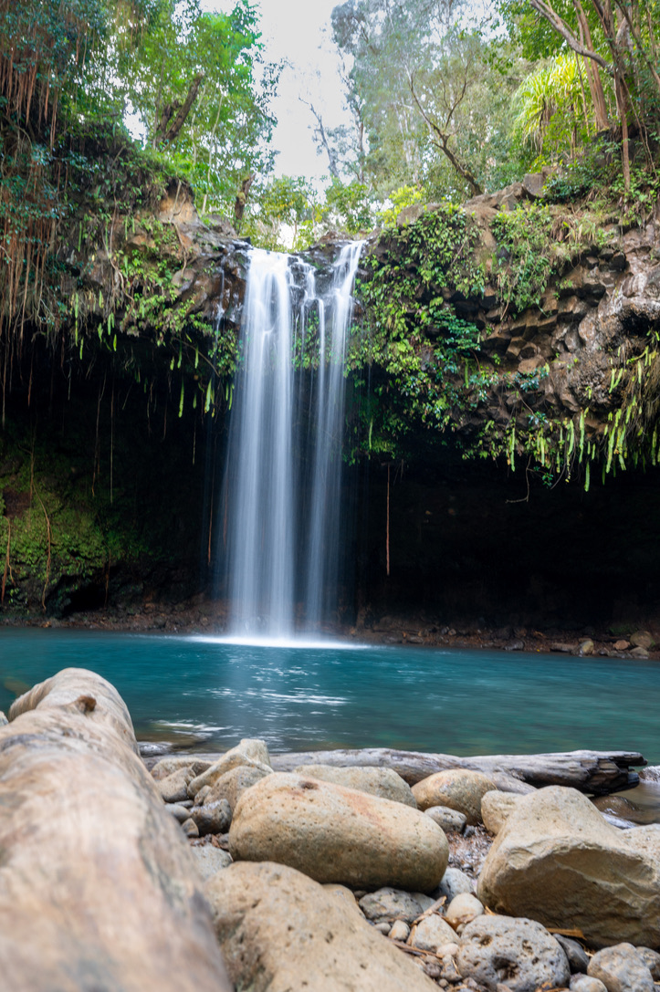 A waterfall flowing into a turquoise pool framed by forest and rocks