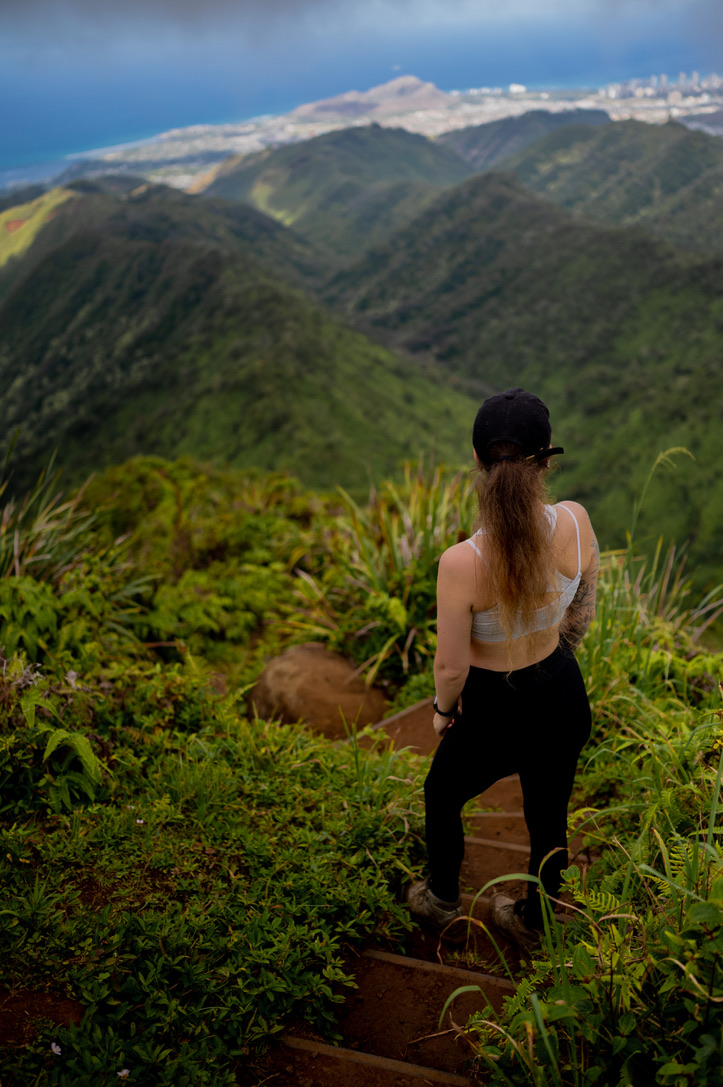 A hiker looking across green ridges toward the coast